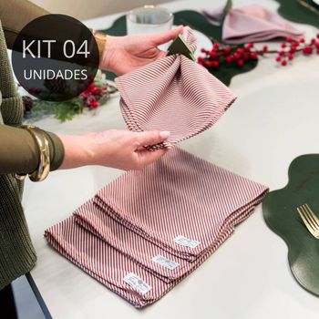 Kit 4 Guardanapos Listras Vermelho em Linho Misto - Coleção Emanuel