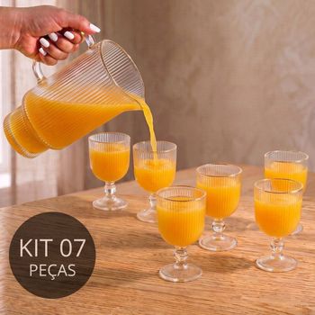 Kit 1 Jarra + 6 Taças de Vidro Lines com Fio de Ouro - Wolff
