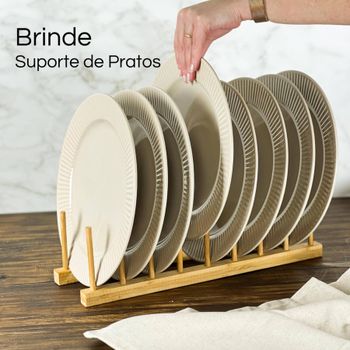 Kit 8 Pratos Rasos De Cerâmica Lines Creme - Brinde Suporte