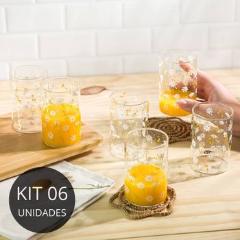 Kit 6 Copos de Vidro Borossilicato 280ML -Coleção Margaridas