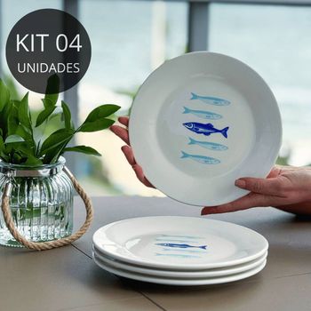 Kit 4 Pratos de Sobremesa de Porcelana Peixes - Coleção Peixes