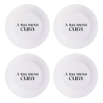 Kit 4 Pratos de Sobremesa  com Frase "A tua mesa cura"