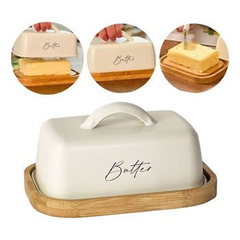 Porta Manteiga Base Bambu Com Tampa De Metal Escrita Butter