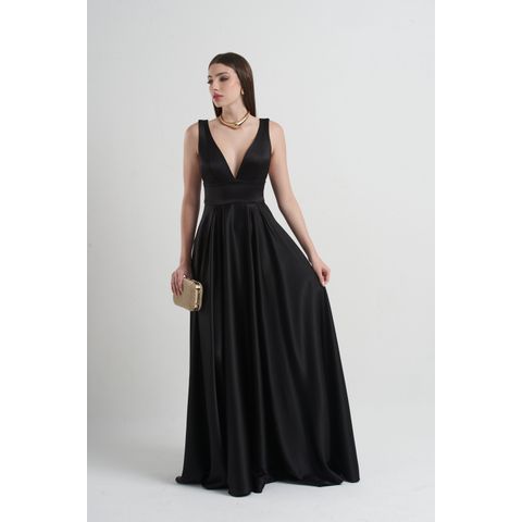 Vestido Cetim Com Pala Preto