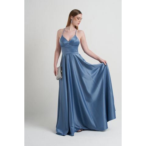 Vestido Cetim com Pala Azul 