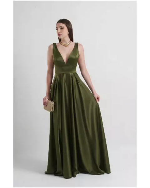 Vestido Cetim Com Pala Oliva 
