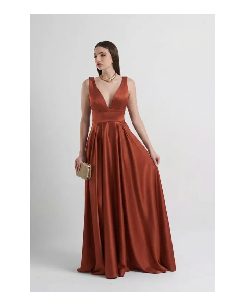 Vestido Cetim Com Pala Terracota