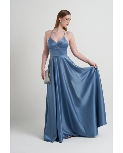 Vestido Cetim com Pala Azul 