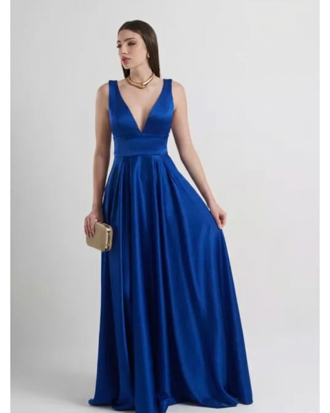 Vestido Cetim Com Pala Azul Bic 