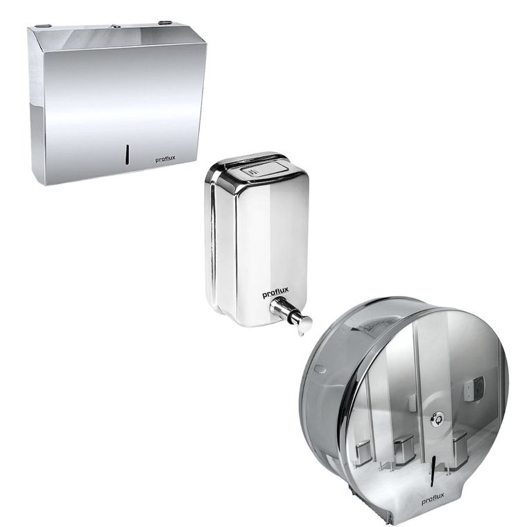 Kit Dispenser Papel Toalha Interfolha + Saboneteira + Porta Rolão Inox 304 Proflux 51.550