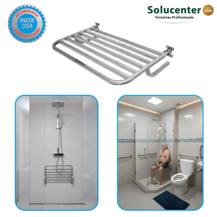 Banco Articulado para Banho em Inox 45x70cm NBR 9050 Proflux 113.002