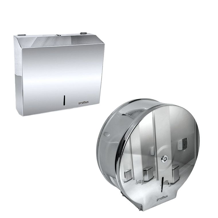 Kit Toalheiro Interfolhas + Porta Papel Higiênico Rolão em Aço Inox 304 com Chave Proflux 51.549