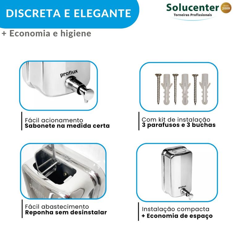 Kit Dispenser Papel Toalha Interfolha + Saboneteira + Porta Rolão Inox 304 Proflux 51.550