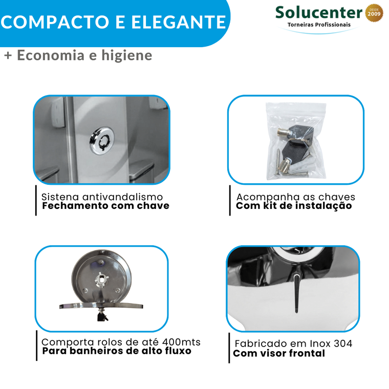 Dispenser Porta Papel Higienico Rolão 400mts Inox 304 C/ Chave Proflux 51.542