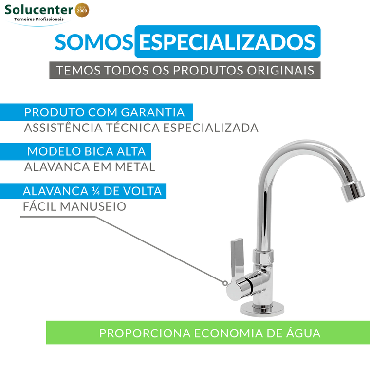 Torneira Clínica Alavanca 1/4 de Volta Bica Móvel Mesa 21.096P