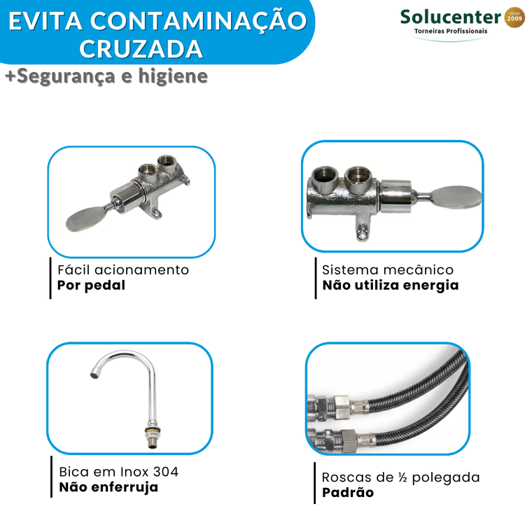 Kit Torneira Pedal Mecânico Latão 2 Engates, Bica Pedal Proflux 51.536