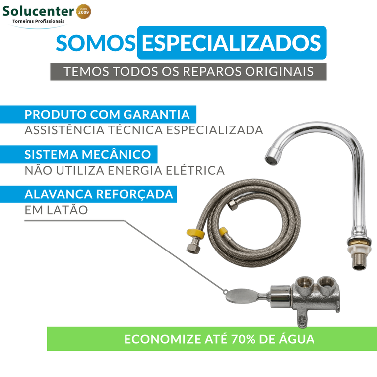 Kit Torneira Pedal Mecânico Latão 2 Engates, Bica Pedal Proflux 51.536