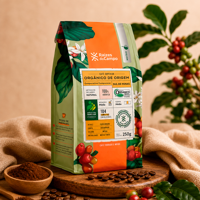 Café Orgânico Superior do Sul de Minas, torrado e moído Raízes do Campo - 250g — imagem 1