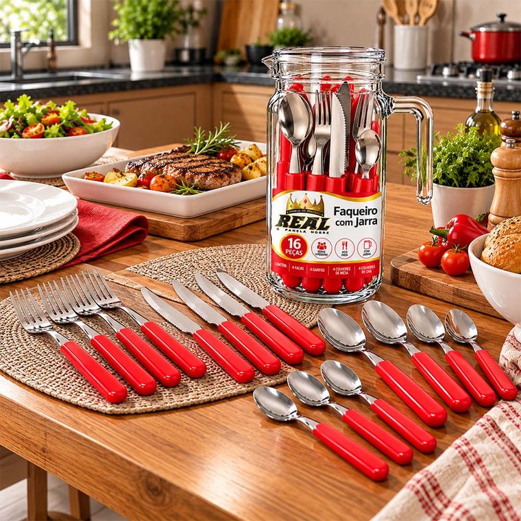 Faqueiro com Jarra 16 Peças Florenza Vermelho Real