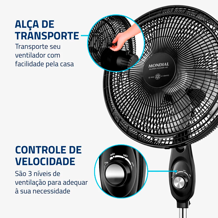 Ventilador de Coluna 40cm VSP-40C-NB Superpower Preto/Prata Mondial