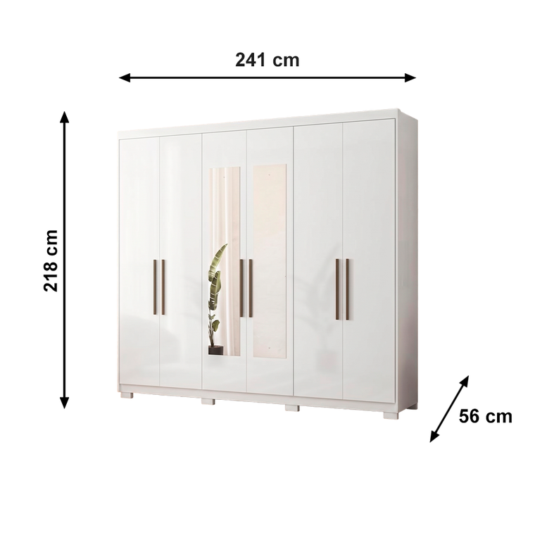 Roupeiro Venice 6 Portas 4 Gavetas 3 Prateleiras com Pes e com Espelho Branco Demobile