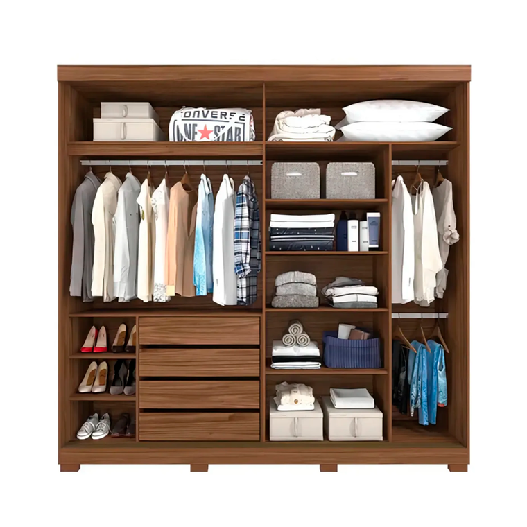 Roupeiro 2 Portas Blumenau Slide com 2 Kits 2 Espelhos e Kit 8 Pés Retangular Menor Avelã/Off White Panan