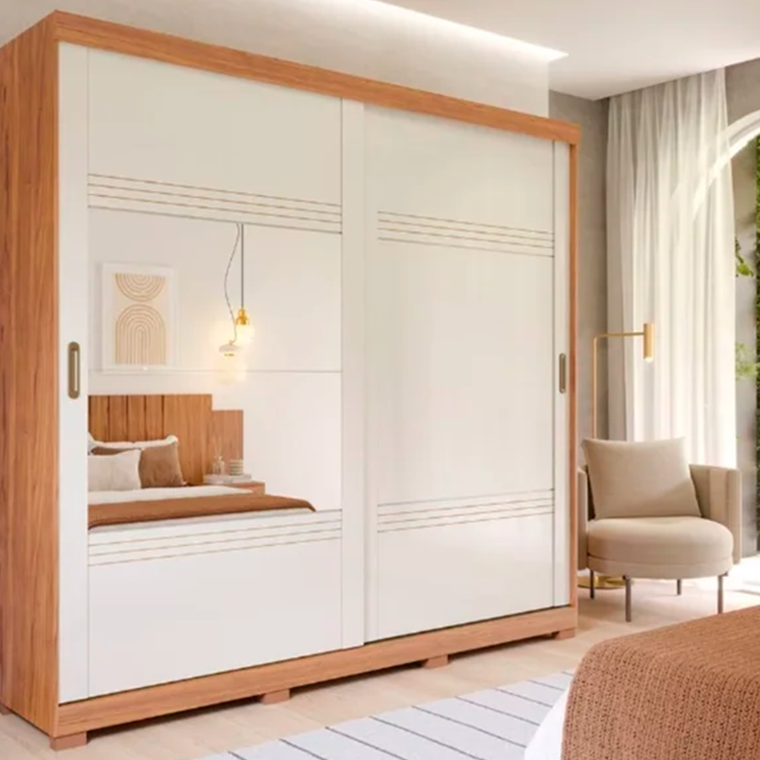 Roupeiro 2 Portas Blumenau Slide com Kit 2 Espelhos e Kit 8 Pés Retangular Menor Cinamomo/Off White Panan