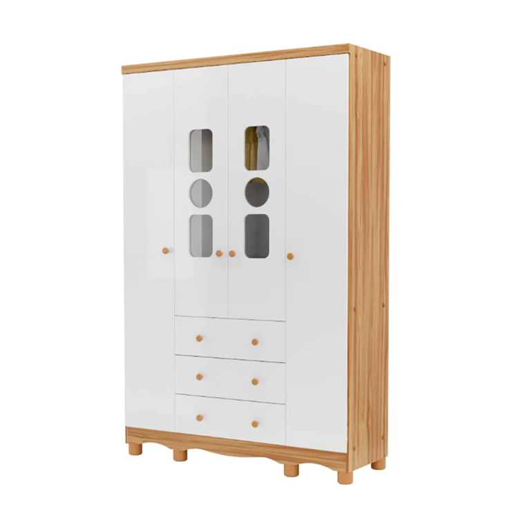 Roupeiro Peroba Tedy 4 Portas e 3 Gavetas Branco/Amêndoa