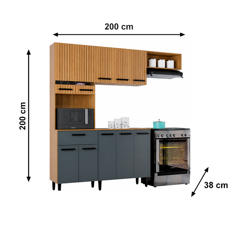 Cozinha Dora 10 Portas 1G com Balcão Dm Ripado/Cinza Poquema