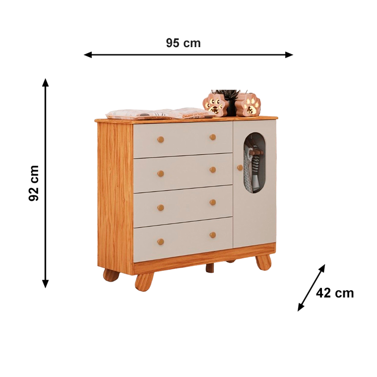 Comoda 1P Pingo Janela Amendoa/Branco Brilho Peroba