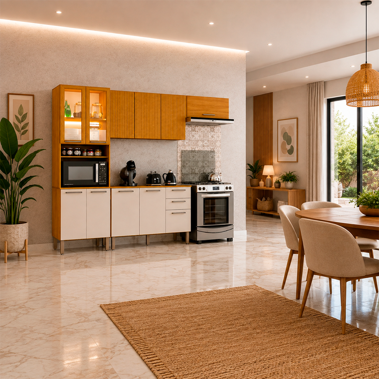 Cozinha Malta 4 Peças Cristaleira com Led Cinamomo Off White Acetinado Chf Moveis