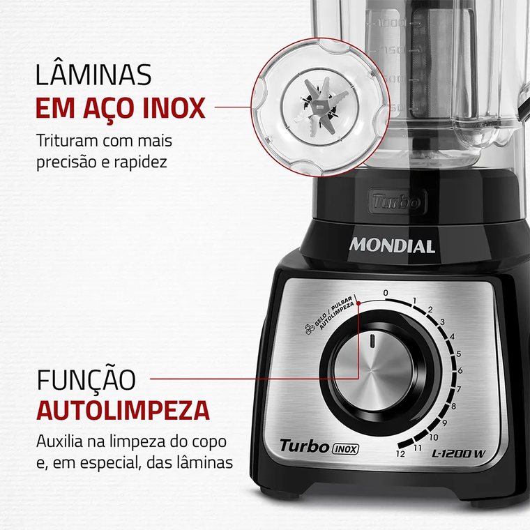 Liquidificador 12V Turbo L-1200 1200W Preto/Inox Mondial