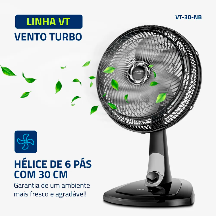 Ventilador 30CM VT-30 Turbo Preto/Prata Mondial