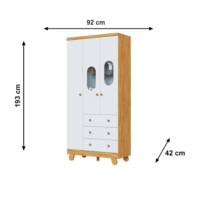 Armário 3 Portas Pingo Janela Amendoa/Branco Brilho Peroba 