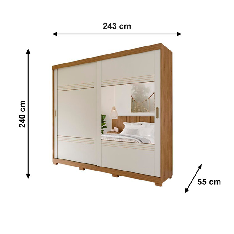 Roupeiro 2 Portas Blumenau Slide com 2 Kits 2 Espelhos e Kit 8 Pés Retangular Menor Avelã/Off White Panan