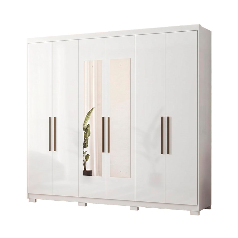 Roupeiro Venice 6 Portas 4 Gavetas 3 Prateleiras com Pes e com Espelho Branco Demobile