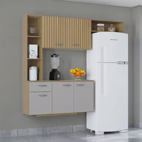 Cozinha Isis 5P 2G C/Balcão 180 Dm Ripado/Off White Poquema