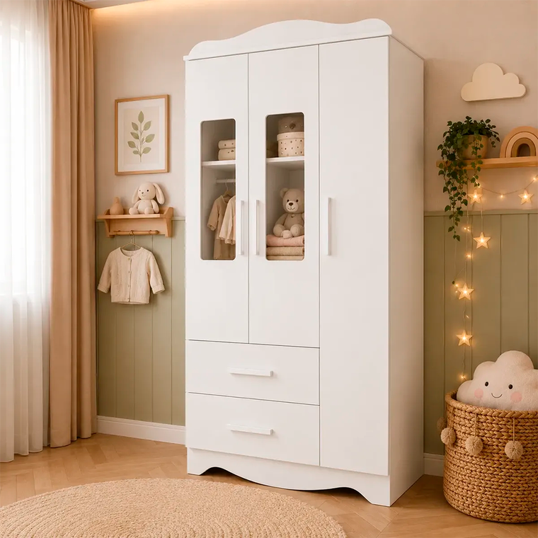 Roupeiro Clara 3 Portas Plus Branco Brilho Peroba 
