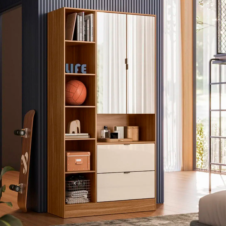 Armário Multiuso 2 Portas 2 Gavetas com Espelho Joy Amendola/Off White Demobile