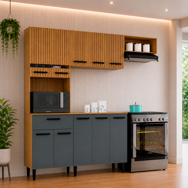 Cozinha Dora 10 Portas 1G com Balcão Dm Ripado/Cinza Poquema