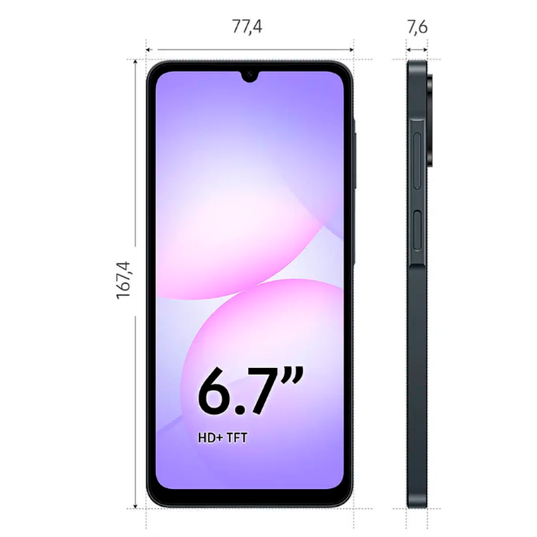 Smartphone Samsung A07 128GB Preto 4GB RAM Tela 6,7" Câm. Dupla + Selfie 8MP