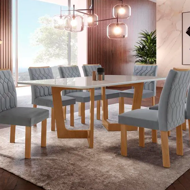 Mesa Dubai Tampo Smart Plus Vidro 8 Cadeira Marajo Tecido Cinamomo Off 169 CEL MÓVEIS