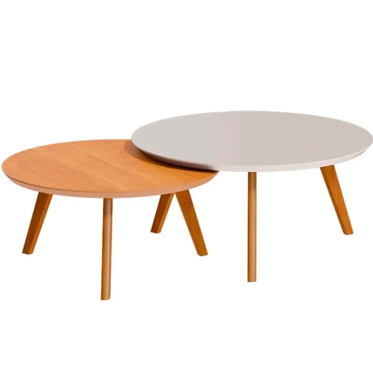 Conjunto Mesa De Centro Classic Redondo Off White/Nature Imcal