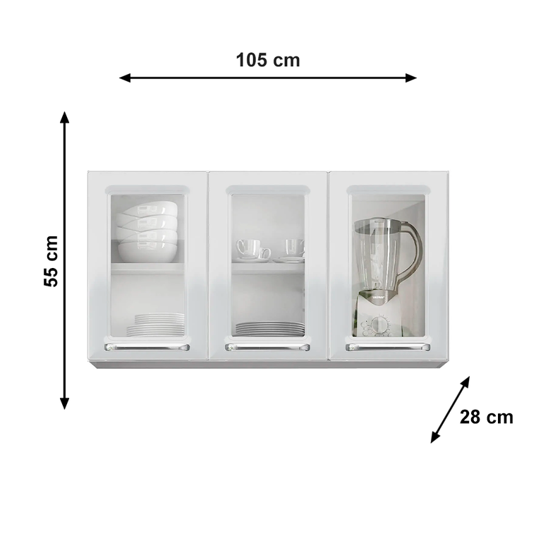 Armário Aéreo de Cozinha Branco 3 Portas com Vidro Luce Itatiaia