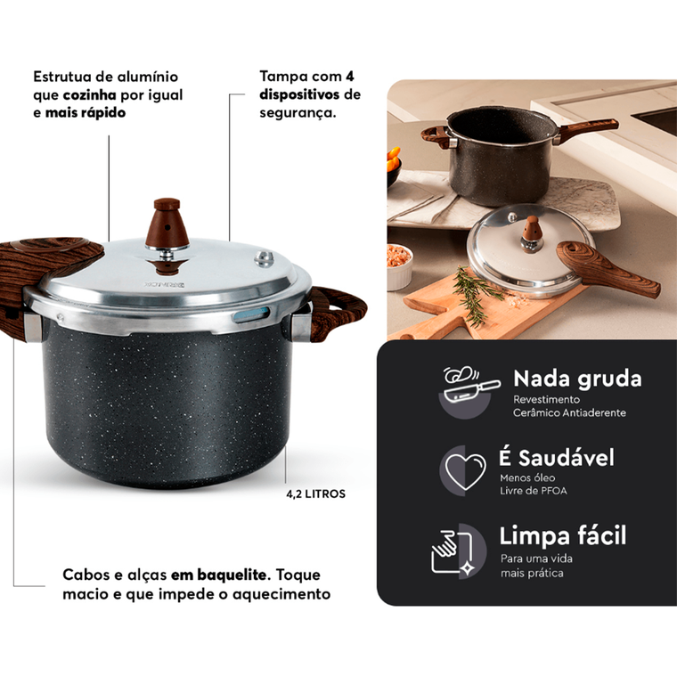 Panela de Pressão 4,2L Life Pressure Antiaderente Granito Brinox 