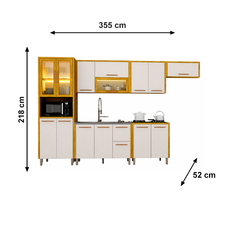 Cozinha Completa 6 Peças Donna Vidro Reflecta com Led Cinamomo/Off White Chf Moveis