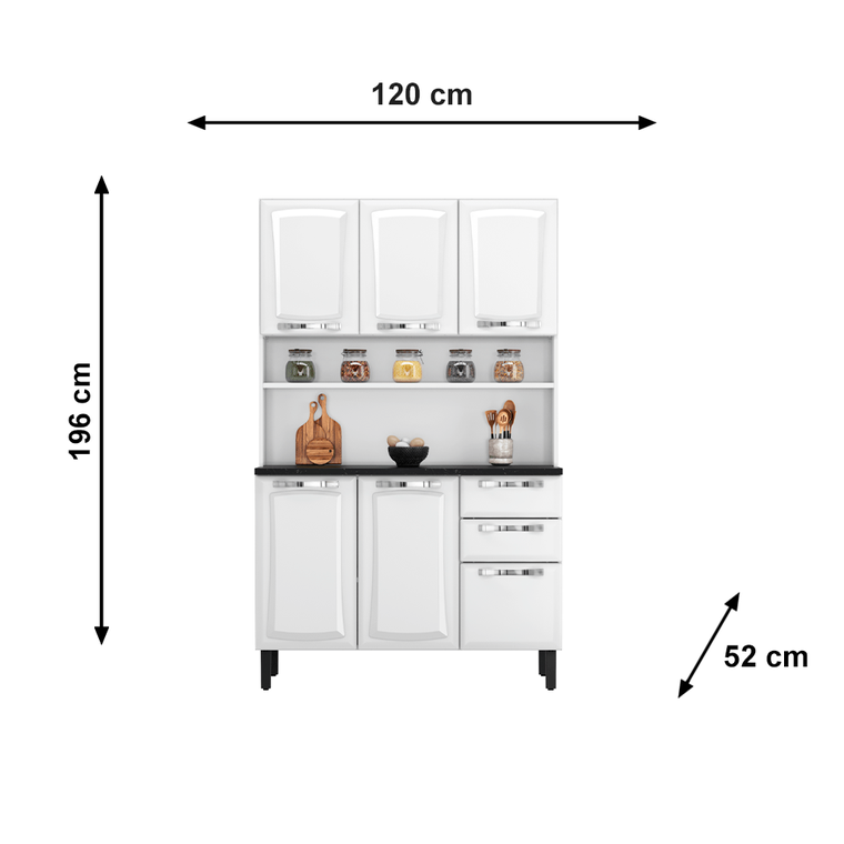 Armário kit de Cozinha Compacta Branco 120 em Aço 6 Portas 2 Gavetas Pratika Itatiaia
