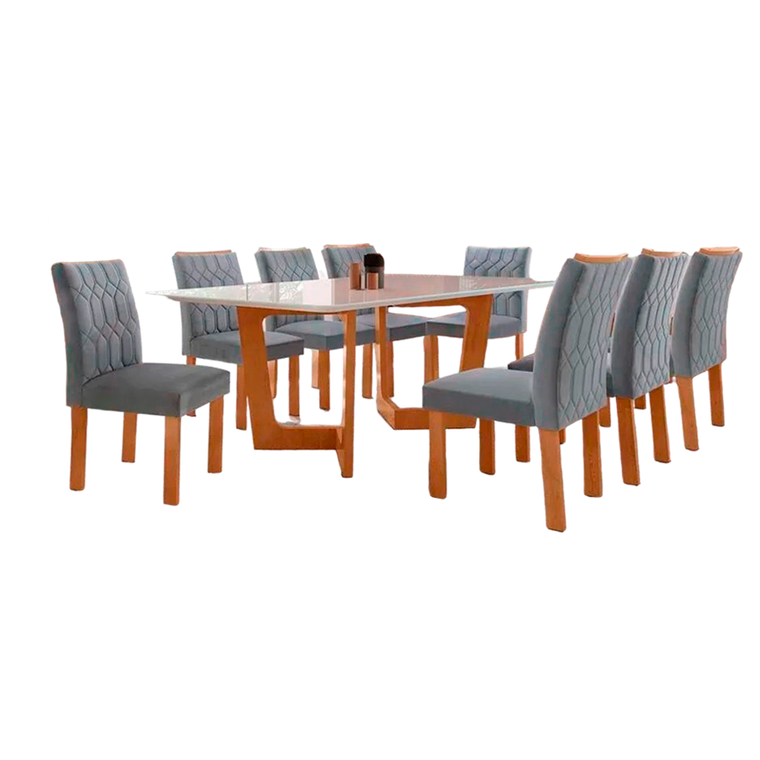 Mesa Dubai Tampo Smart Plus Vidro 8 Cadeira Marajo Tecido Cinamomo Off 169 CEL MÓVEIS