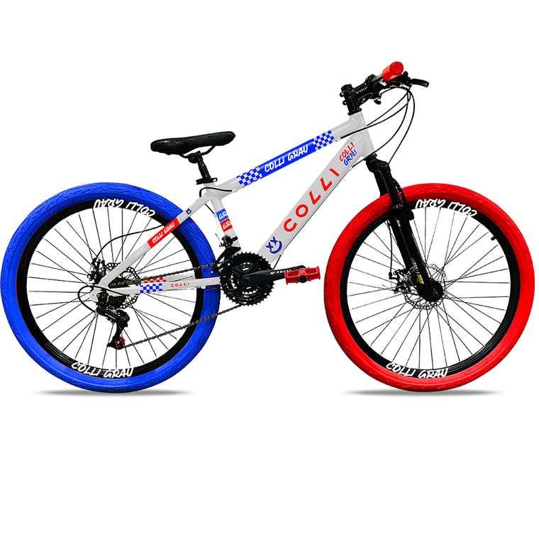 Bicicleta Aro 26 Grau F/DISCO 21V Branco Com Vermelho/Azul Colli