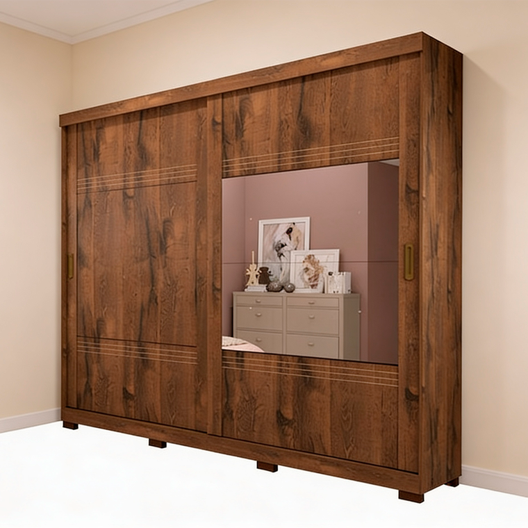 Roupeiro 2 Portas Blumenau Slide com Kit 2 Espelho e Kit 8 Pés Retangular Menor Café Panan